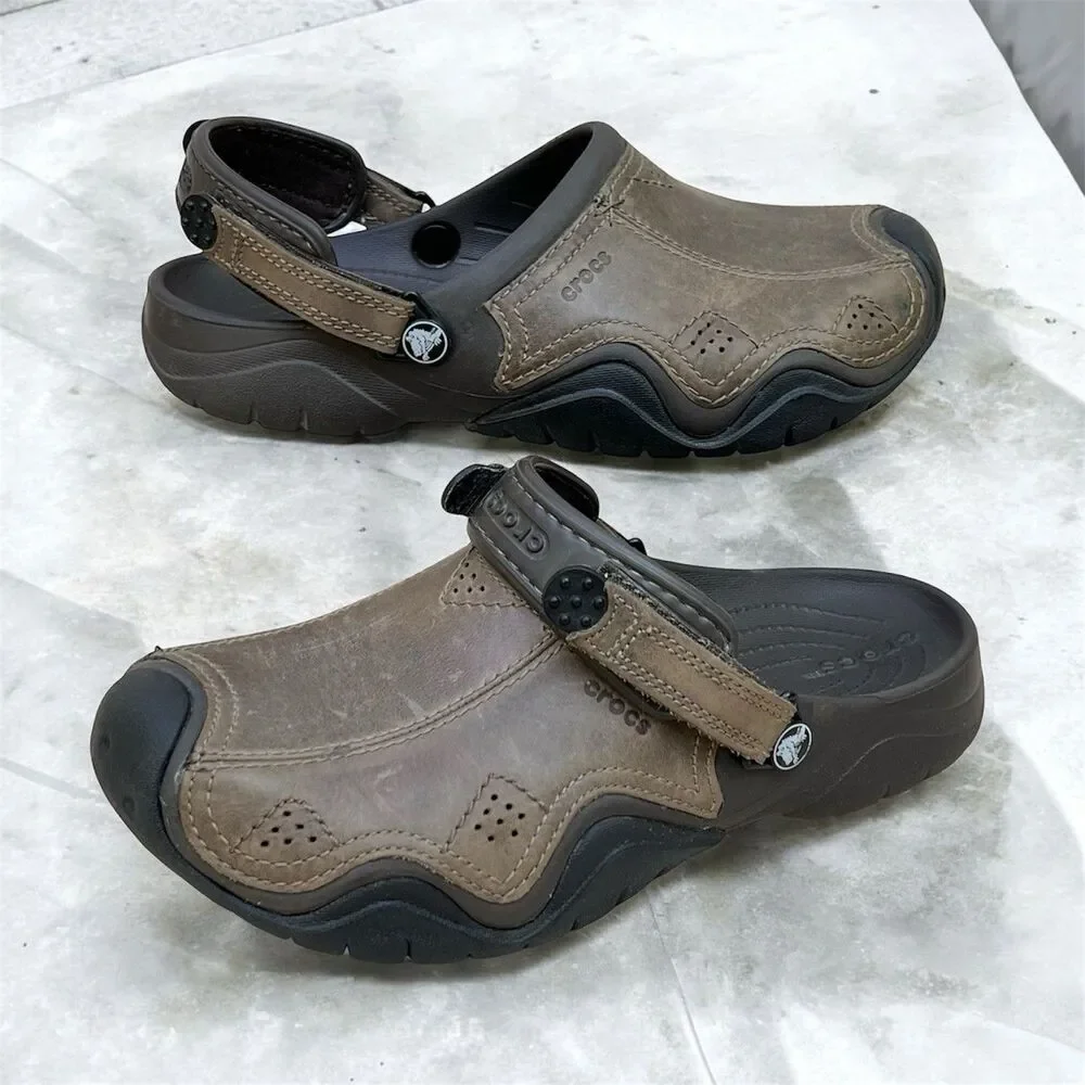 CROCS Swiftwater Sandals Mens 9 Brown Leather Slip-On Clogs Adjustable Strap